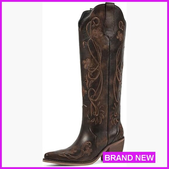 Knee High Cowgirl Boots Embroidered Vintage Western Chunky Heel Pull On